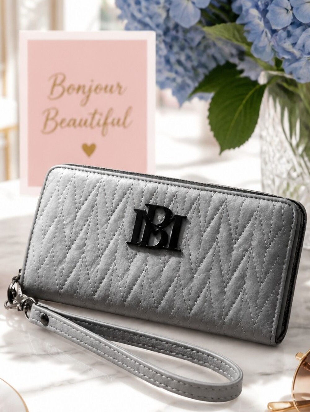 NWT Badgley Mischka Gray Quilted Wallet Wristlet Clutch Phone Holder BM Logo